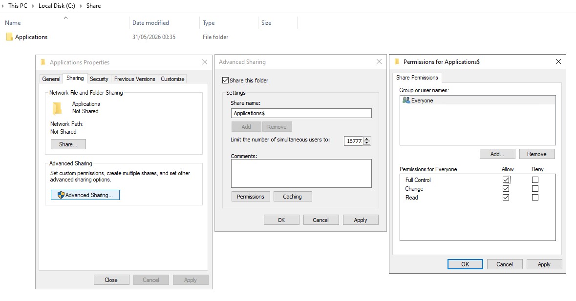 Network share Applications$ with share and NTFS permissions configured (Everyone Full control, Domain Computers Read & Execute)