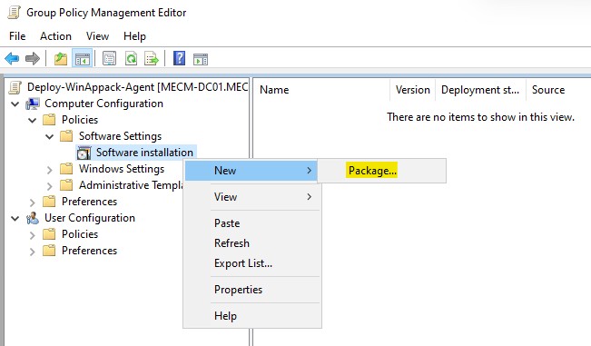 Group Policy editor: Computer Configuration > Policies > Software Settings > Software installation, right-click New > Package