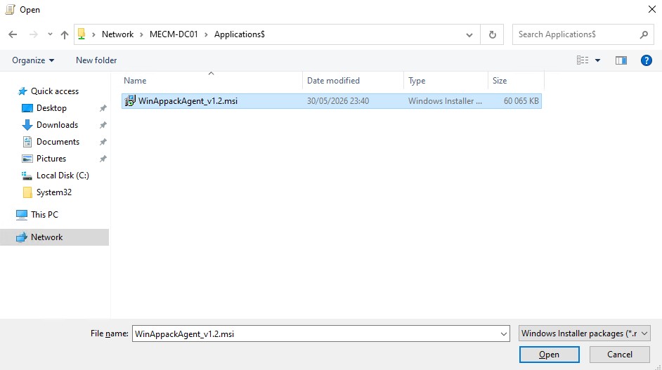 Deploy Software dialog: selecting the Assigned deployment method for the WinAppack Agent package